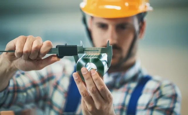 Person checking the dimensions of a machined component